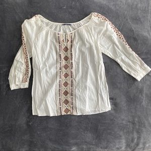 Velvet, white, with brown and tan embroidered features, 3/4 sleeve tunic, Size M
